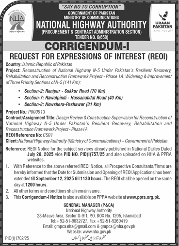 National Highway Authority Islamabad Tender Notice